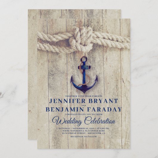 Invitation Rustic Beach - Nautical Navy Ancre Mariage (Devant / Derrière)