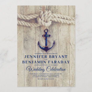 Invitation Rustic Beach - Nautical Navy Ancre Mariage
