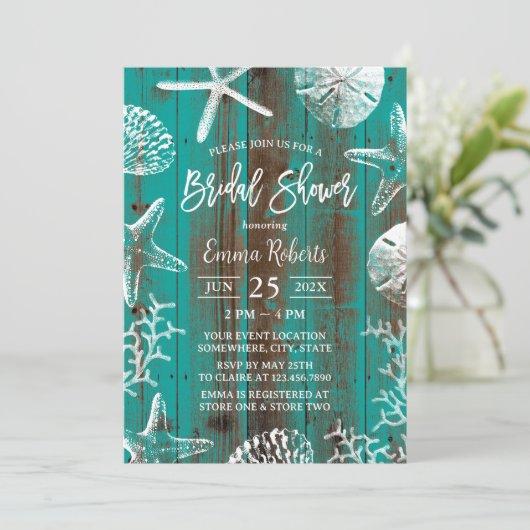 Invitation Rustic Beach Seashells Turquoise Grange Fête des m (Debout devant)