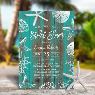 Invitation Rustic Beach Seashells Turquoise Grange Fête des m