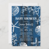 Invitation Rustic Beach Seashs Marine Baby shower bleu (Devant)
