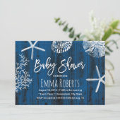 Invitation Rustic Beach Seashs Marine Baby shower bleu (Debout devant)