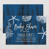 Invitation Rustic Beach Seashs Marine Baby shower bleu (Devant / Derrière)