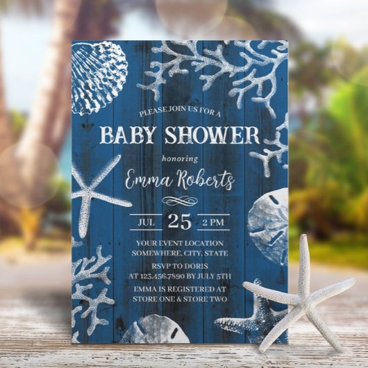 Invitation Rustic Beach Seashs Marine Baby shower bleu