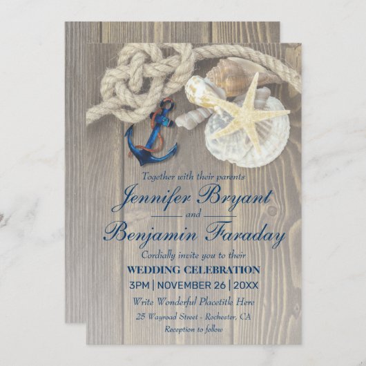 Invitation Rustic Beach Shell Navy Ancre Mariage nautique (Devant / Derrière)