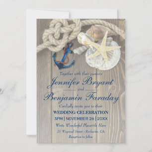 Invitation Rustic Beach Shell Navy Ancre Mariage nautique