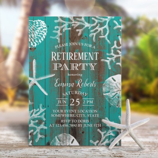 Invitation Rustic Beach Starfish & Seashells Retraite Turquoi