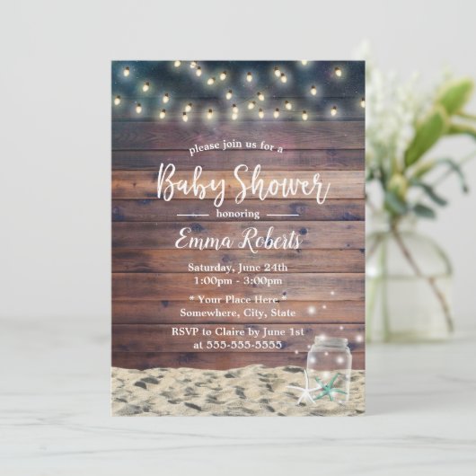 Invitation Rustic Beach Starfish String Baby shower (Debout devant)