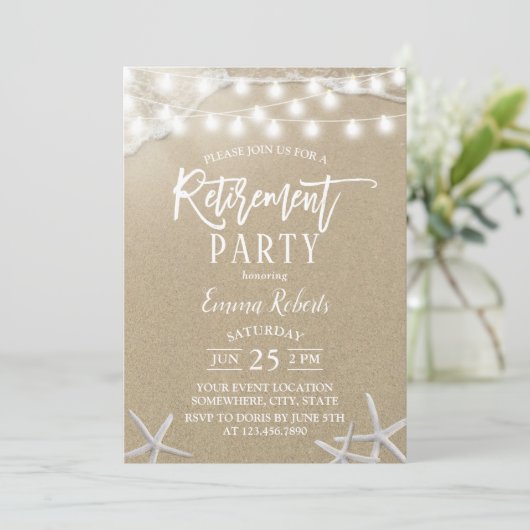 Invitation Rustic Beach Starfish String Lights Retirement (Debout devant)