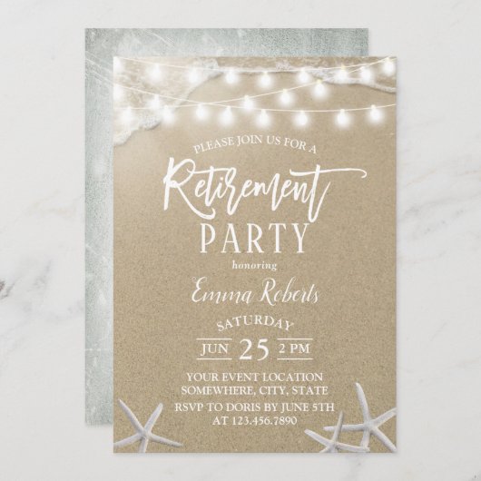 Invitation Rustic Beach Starfish String Lights Retirement (Devant / Derrière)