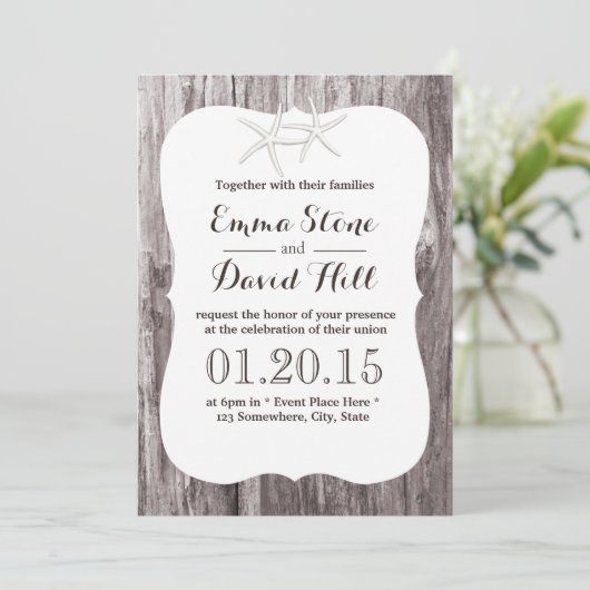 Invitation Rustic Beach Wedding Starfish Driftwood (Debout devant)