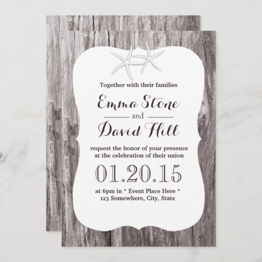 Invitation Rustic Beach Wedding Starfish Driftwood (Devant / Derrière)