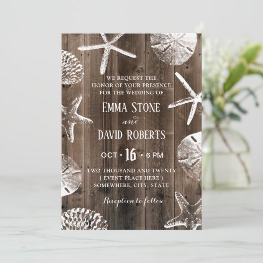 Invitation Rustic Beach Wedding Starfish & Seashell Grange Wo (Debout devant)