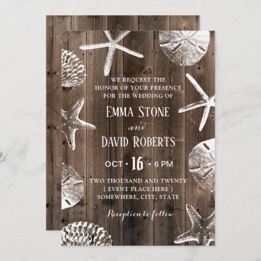 Invitation Rustic Beach Wedding Starfish & Seashell Grange Wo (Devant / Derrière)