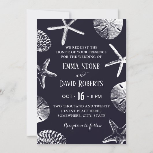 Invitation Rustic Beach Wedding Starfish & Seashell Navy Blue (Devant)