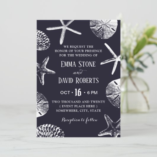 Invitation Rustic Beach Wedding Starfish & Seashell Navy Blue (Debout devant)