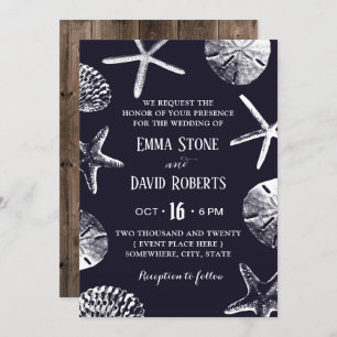 Invitation Rustic Beach Wedding Starfish & Seashell Navy Blue