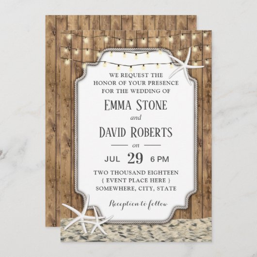 Invitation Rustic Beach Wedding Starfish & String Lumières (Devant / Derrière)