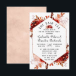 Invitation Rustic Beauty Floral Elle A Dit Oui Partie Engagem<br><div class="desc">Beauté rustique Floral encadré d'aquarelle Bohème à l'automne ou à l'automne Design avec des fleurs peintes à la main de Boho, plumes, et beaucoup de coloré orange, rouille, rouge, Bourgogne, Marsala, feuilles de pêche et feuillage. Avec les éléments de la ligne de main, les polices Tourbillonnant lettres main, et la...</div>