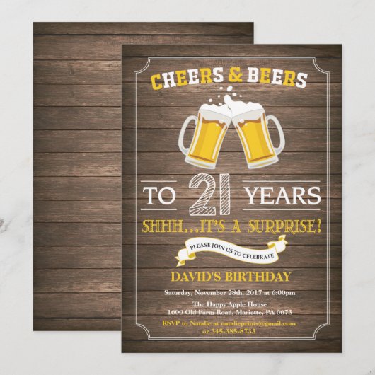 Invitation Rustic Beer Surprise 21e anniversaire (Devant / Derrière)