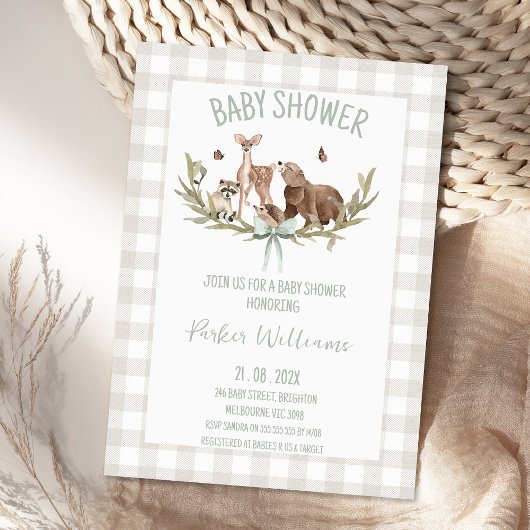 Invitation Rustic Beige Gingham Woodland Baby Shower