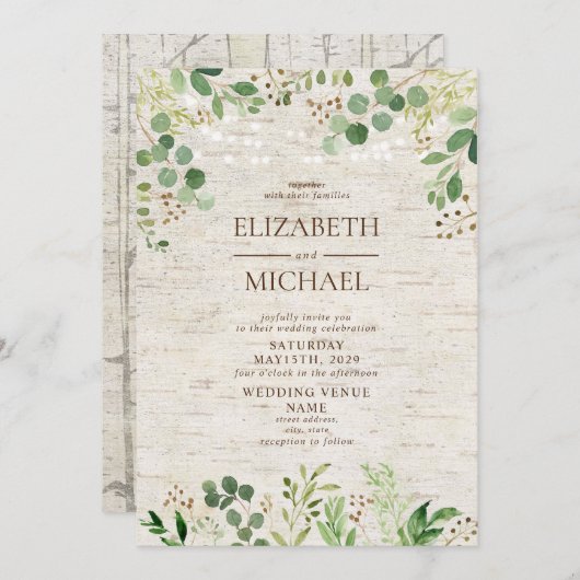 Invitation Rustic Birch Botanical Forest Mariage extérieur (Devant / Derrière)