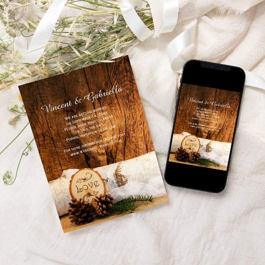 Invitation Rustic Birch Tree Grange Mariage en bois Enregistr