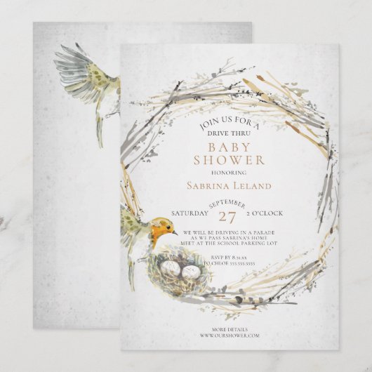 Invitation Rustic Bird et Nest Drive Thru Twins Baby shower (Devant / Derrière)