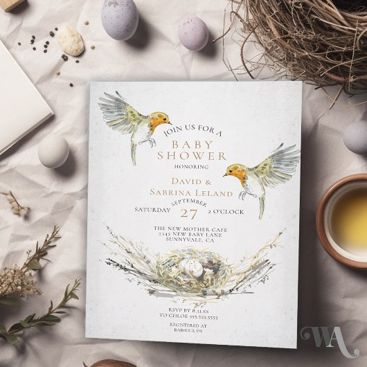Invitation Rustic Birds Nest Aquarelle Baby shower de couple