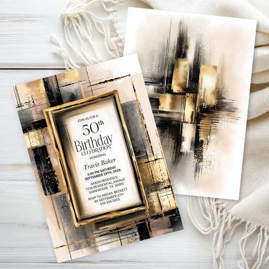 Invitation Rustic Black and Gold 50th Birthday Party