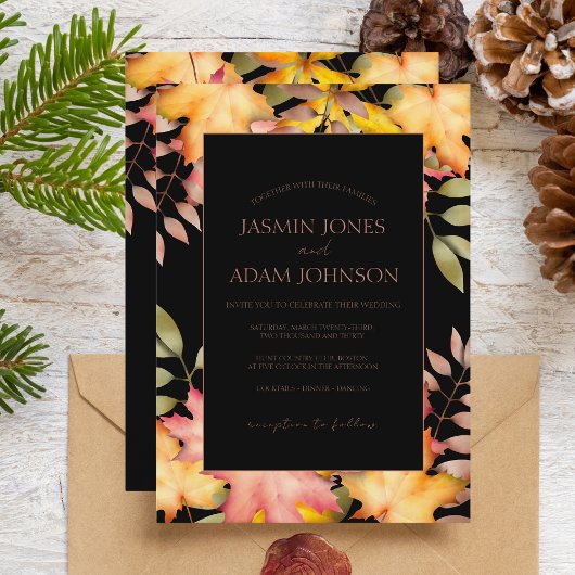 Invitation Rustic Black Automne Feuilles Mariage