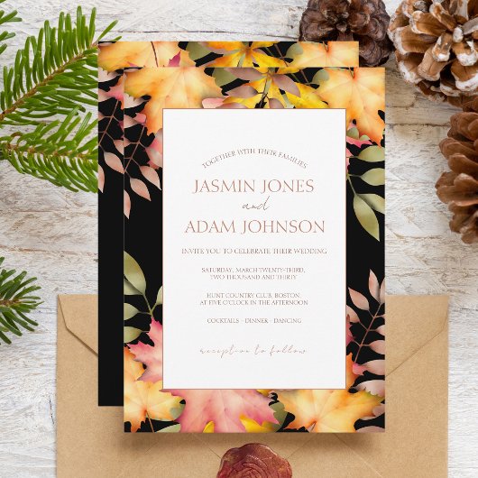 Invitation Rustic Black Automne Feuilles Mariage