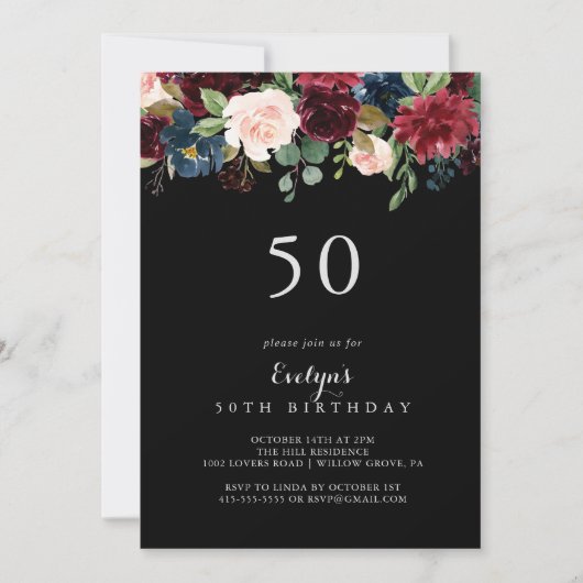 Invitation Rustic Black Botanical 50e fête d'anniversaire (Devant)