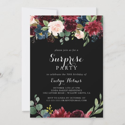 Invitation Rustic Black Botanical Surprise Party (Devant)