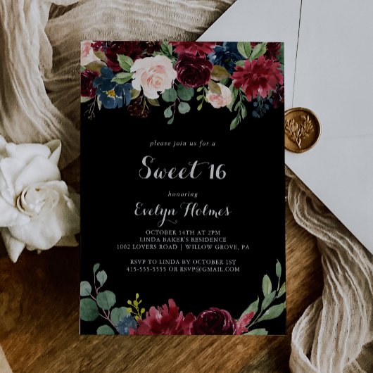 Invitation Rustic Black Botanical Sweet 16 Anniversaire