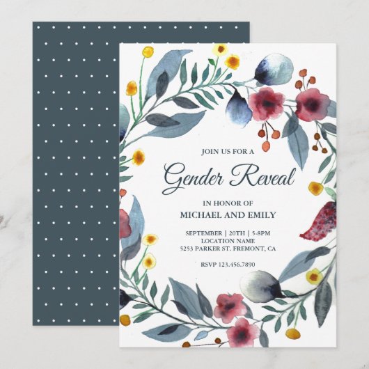 Invitation Rustic Blue and Pink Floral Wreath Gender Reveal (Devant / Derrière)