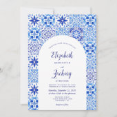 Invitation Rustic Blue Arch Portugais Carreaux QR Code Mariag (Devant)