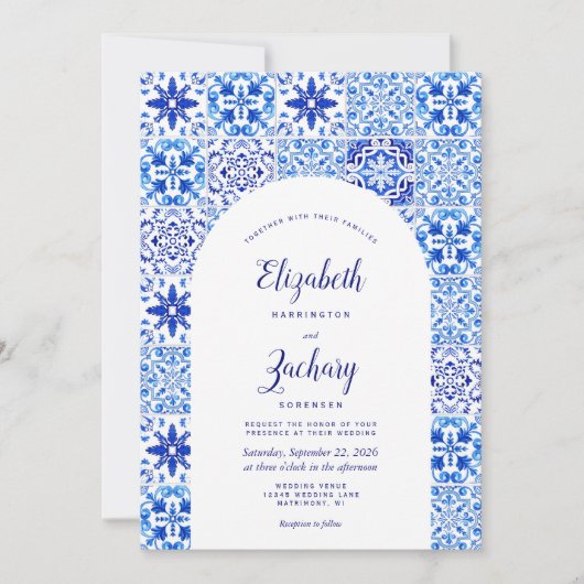 Invitation Rustic Blue Arch Portugais Carreaux QR Code Mariag (Devant)