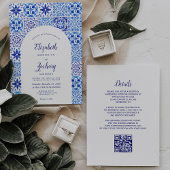 Invitation Rustic Blue Arch Portugais Carreaux QR Code Mariag