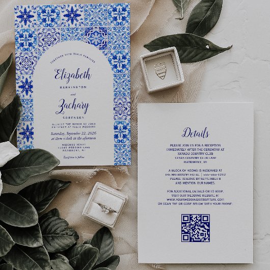Invitation Rustic Blue Arch Portugais Carreaux QR Code Mariag