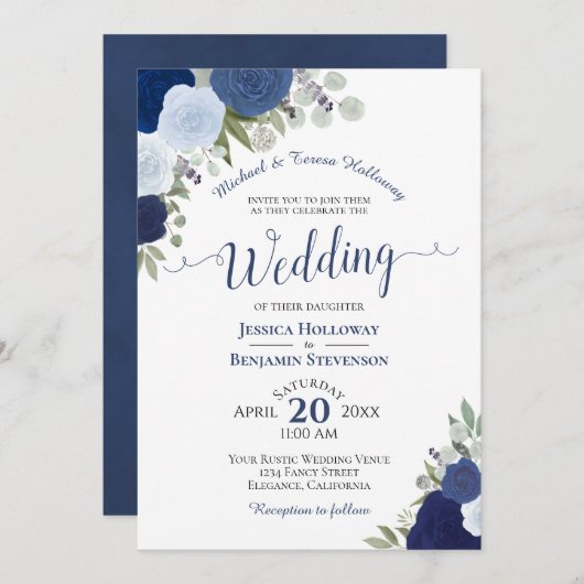 Invitation Rustic Blue Boho Aquarelle Roses Mariage officiel (Devant / Derrière)