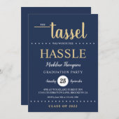 Invitation Rustic Blue Gold Tassel Script Graduation Party (Devant / Derrière)