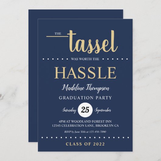 Invitation Rustic Blue Gold Tassel Script Graduation Party (Devant / Derrière)