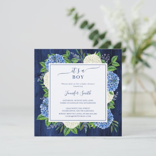 Invitation Rustic Blue Hydrangea C'est un Baby shower garçon (Debout devant)