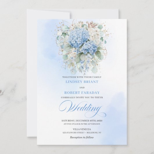 Invitation Rustic Blue Hydrangea Eucalyptus Wedding Invitatio (Devant)
