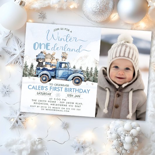 Invitation Rustic Blue Truck Winter Onederland 1st Birthday