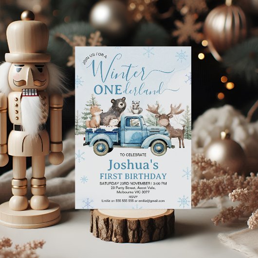 Invitation Rustic Blue Truck Winter Onederland Birthday