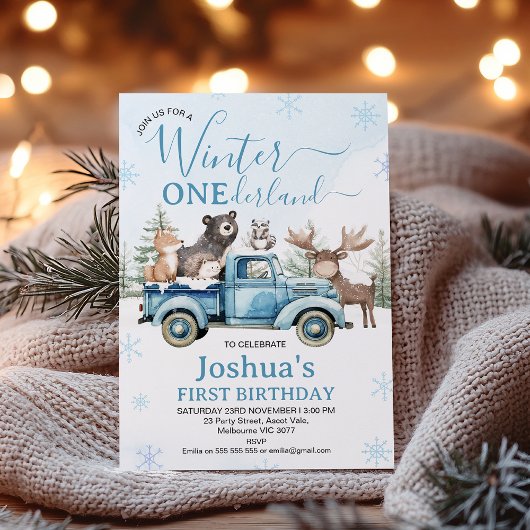Invitation Rustic Blue Truck Winter Onederland Birthday