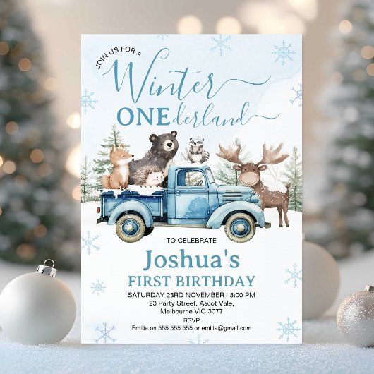 Invitation Rustic Blue Truck Winter Onederland Birthday