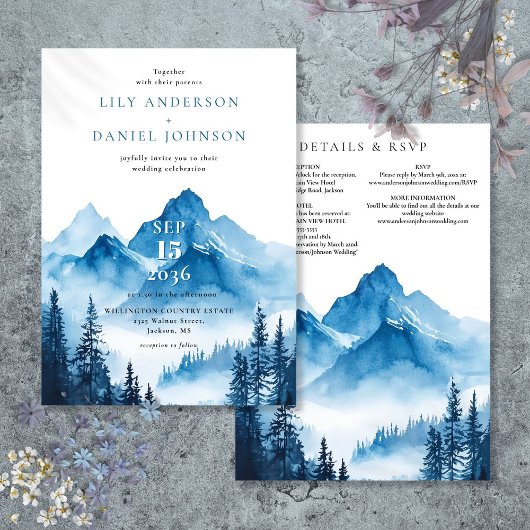 Invitation Rustic Blue Watercolor Mountain Détails du Mariage